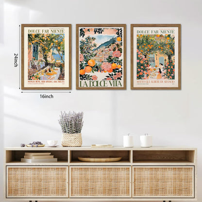 Framed Italian Scenery Wall Art Set of 3, Amalfi Coast Kitchen Wall Art, Vintage City Landscape Canvas Print, Trendy Italian Food Pictures Artwork for Living Room Dining Room – 16x24 inch