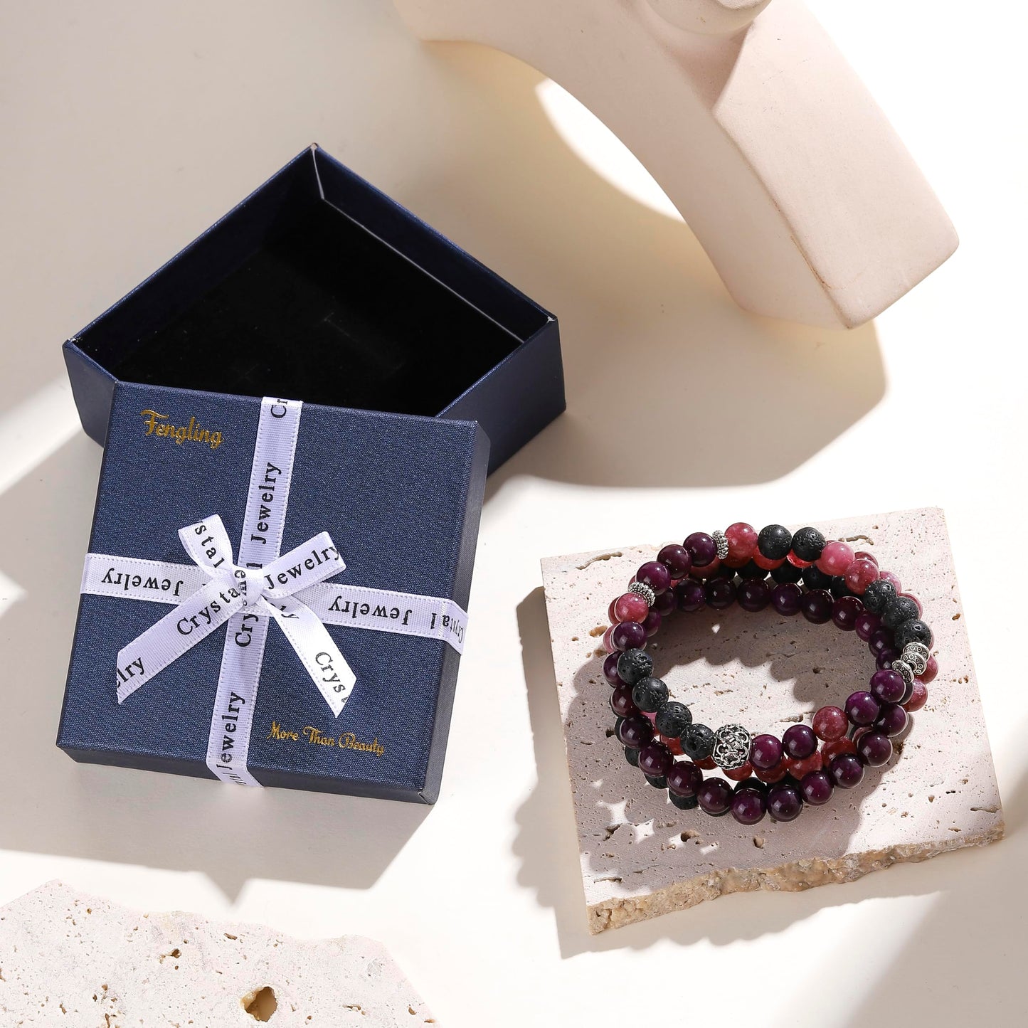 Fengling 4 PCS Beaded Crystal Bracelet for Women 8mm Natural Gemstones Handmade Bracelet Healing Stretch Bracelets Crystal Jewelry for Women Gifts