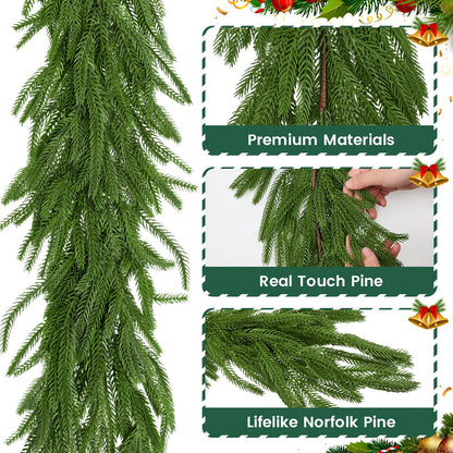 1Pcs 9FT Christmas Norfolk Pine Garland,Realistic Cedar Garland Artificial Pine Cypress Vines,Greenery Garlands for Holiday Xmas Indoor Mantle Decor