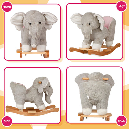 Elephant Baby Rocking Horse Wooden Rockers with Base Seat Safety Belt and 1 Pcs Elephant Plush Stuffed Animals Toy for Toddlers 1-3