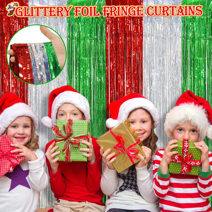 3 Pack Christmas Party Decorations Foil Fringe Curtains,3.3 X 6.6ft Red Silver Green Christmas Tinsel Metallic Backdrop Streamers Photobooth Props for Xmas Holidays Birthday Party Wall Decoration