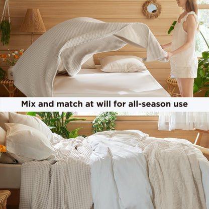 Bedsure 100% Cotton Blanket Queen Size for Spring Summer, Waffle Weave Thin Lightweight Breathable Blanket for Bed, Cotton Bedding Room Decor Gifts for Women, Men, Linen, 90" x 90"