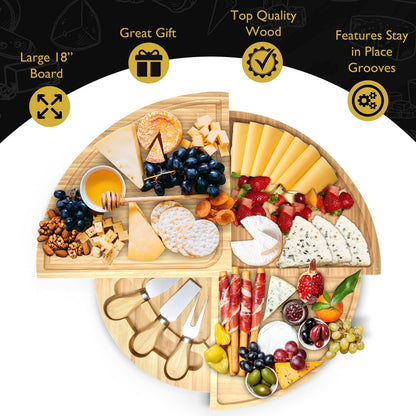 Perlli Bamboo Cheese Board & Knife Set, Large Folding 18 Inch Round Wood Rotating Charcuterie Board Set Cheese Meat Wine Serving Tray Platter, Home Decor