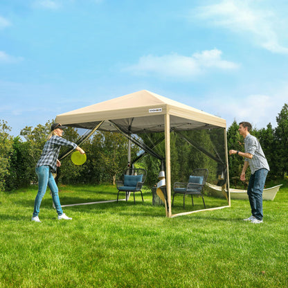 VIVOHOME 10x10ft Easy Pop-Up Canopy, Outdoor Screen Tent with Mosquito Netting, 2 Zipper Doors, and Roller Bag for Yard Camping Picnic Party Events, Beige