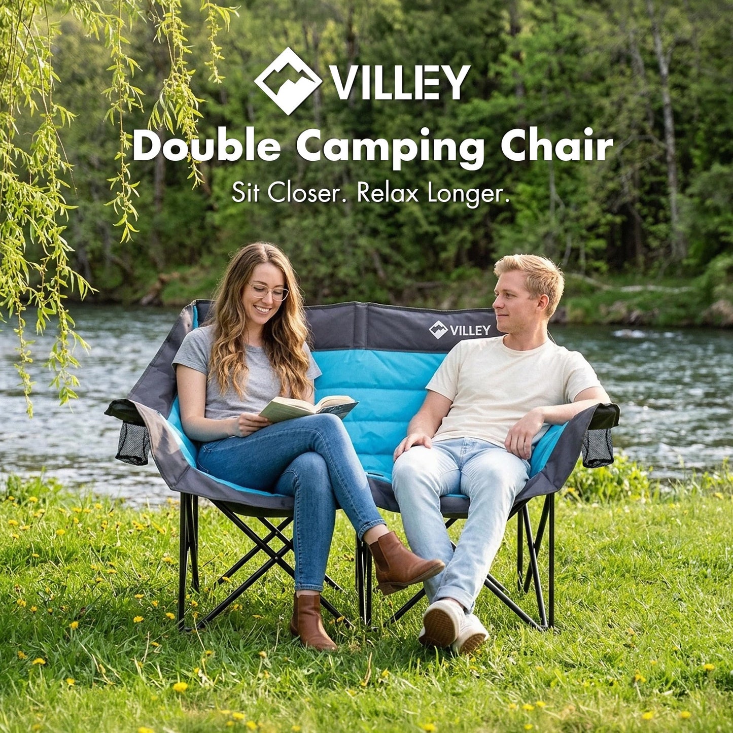 VILLEY Oversized Double Camping Chair for Adults, Heavy-Duty Folding Loveseat Camp Chair with Cup Holders, 2 Person Outdoor Chair Supports up to 900 lbs for Camping, Beach, Lawn & Sports