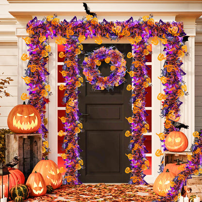 4 Strings Total 26.4 ft Halloween Tinsel Garlands – Each 6.6ft Black Orange Purple Bats Pumpkins Spiders Fringe Garland for Halloween Parties, Haunted House, and Spooky Decorations