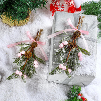 Giegxin 1 Piece Christmas Artificial Mistletoe Ornament with Red Bow Christmas Hanging Mistletoe Decoration Bouquet Floral Natural Pine Cones Holiday Decoration Ornament Bouquet (Pink Style)