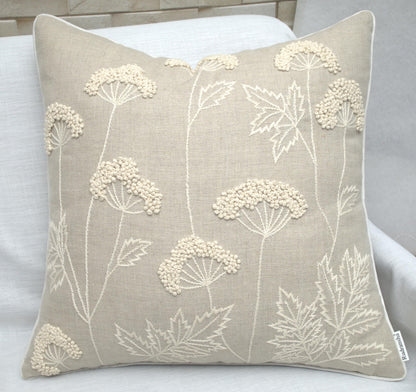Rudransha Hand Embroidered Wildflower Throw Pillow Cover - 20x20 Inch Natural Linen - Blooming