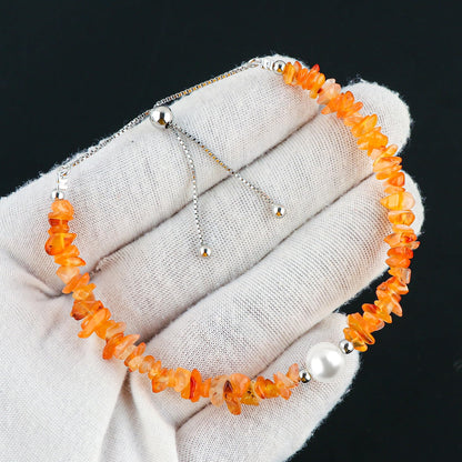 CRYSTALIS Natural Carnelian Beads Slider Bolo Bracelet with Elegant Pearl, Uncut Chips Nuggets Crystals, Chakra Healing Gemstone, Women Jewelry, 925 Sterling Silver Slider 10 inch