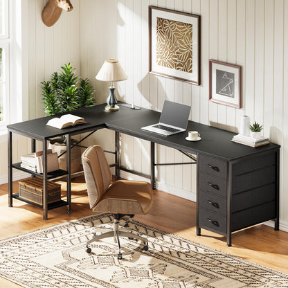 Huuger 55 Inch L Shaped Desk with Fabric Drawers, Reversible Computer Gaming Desk with Power Outlets and USB-C Port, Adjustable Side Storage Shelves, for Work Study Corner Home Office, Black