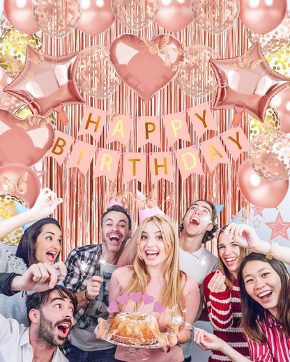Lutoys Rose Gold Happy Birthday Party Decorations, Happy Birthday Banner, Rose Gold Foil Heart Star Confetti Balloons Curtain Backdrop Hanging Swirls Party Decor for Girls Women Princess