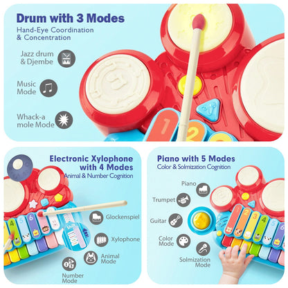 Baby Musical Toys, 3 in 1 Piano Keyboard Xylophone Drum Set for 1 Year Old Girls Toys, Learning Toys for Toddlers 1-3, Baby Piano 18 Months - 1 2 3 4 Year Old Girl Toys Toddler