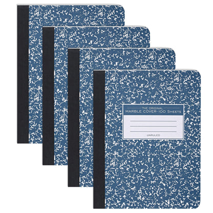 ROARING SPRING Hard Cover Composition Notebook, 4 Pack, Blue Marble Comp Book, 9.75″ x 7.5″, Unruled Blank Paper, 100 Sheets (200 Pages), Made in USA