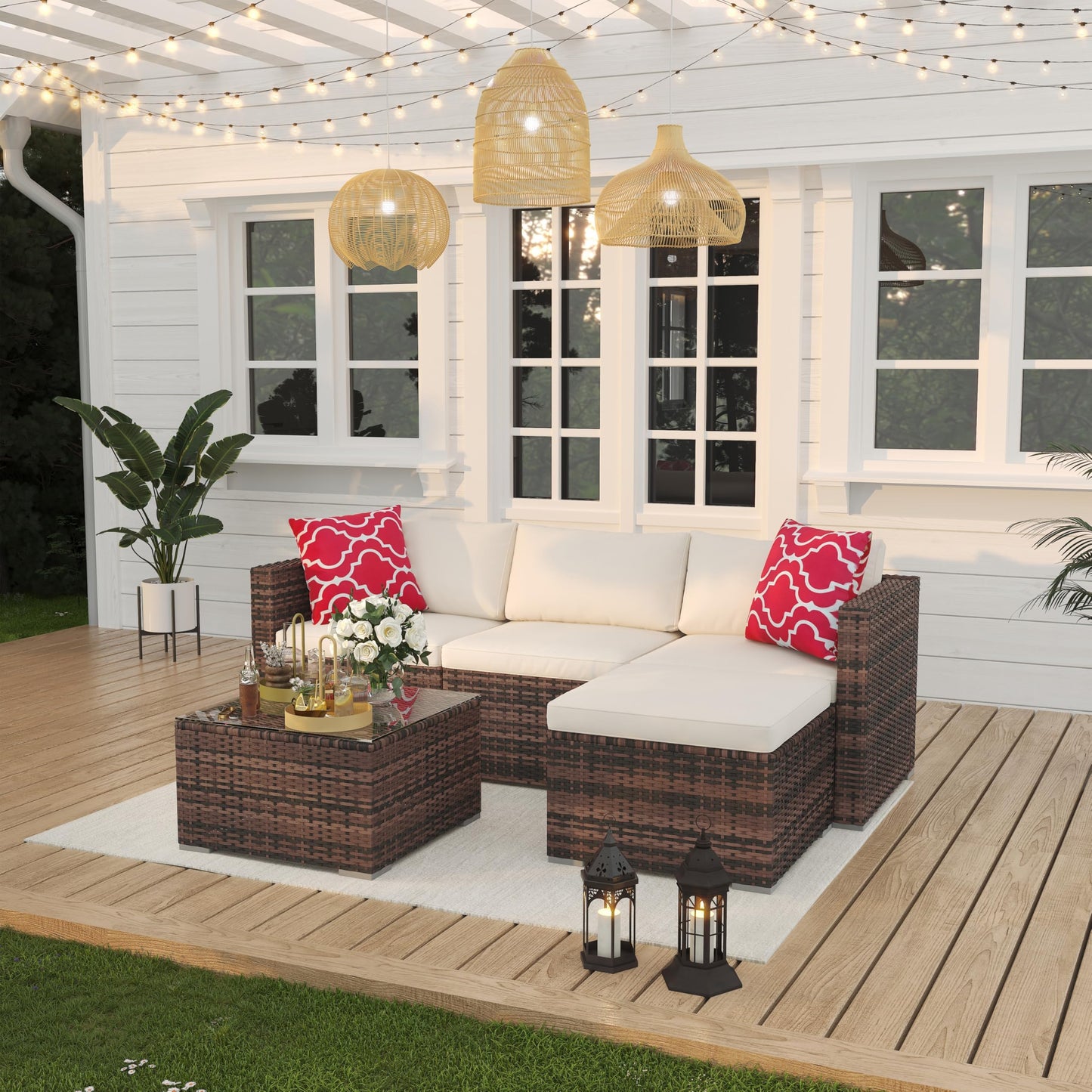 5 Piece Outdoor Patio Furniture Set, Rattan Deck Conversation Sofa Set with Non-Slip Cushions, All-Weather Sectional Sofa with Glass Storage Table and Balcony Footstool, Poolside, Garden, Brown+White
