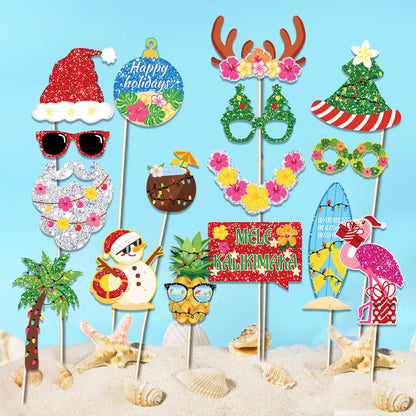 25-Piece Funny Tropical Christmas Photo Booth Props Kit - Beach Santa Holiday Party Supplies for Adults, Hawaiian Luau, Holiday Beach Party Decorations with Sticks & Stickers