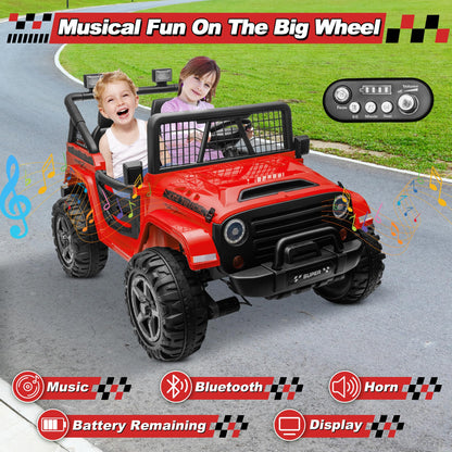 24V XL Ride on Car with Remote Control, JOYRACER 2 Seater 4WD/2WD Switchable Electric Car for Kids w/20 Inch Wide Seat, Gift Flower, 4X200W Power Car Wheels 24 Volt Big Truck for Boys Girls, Red