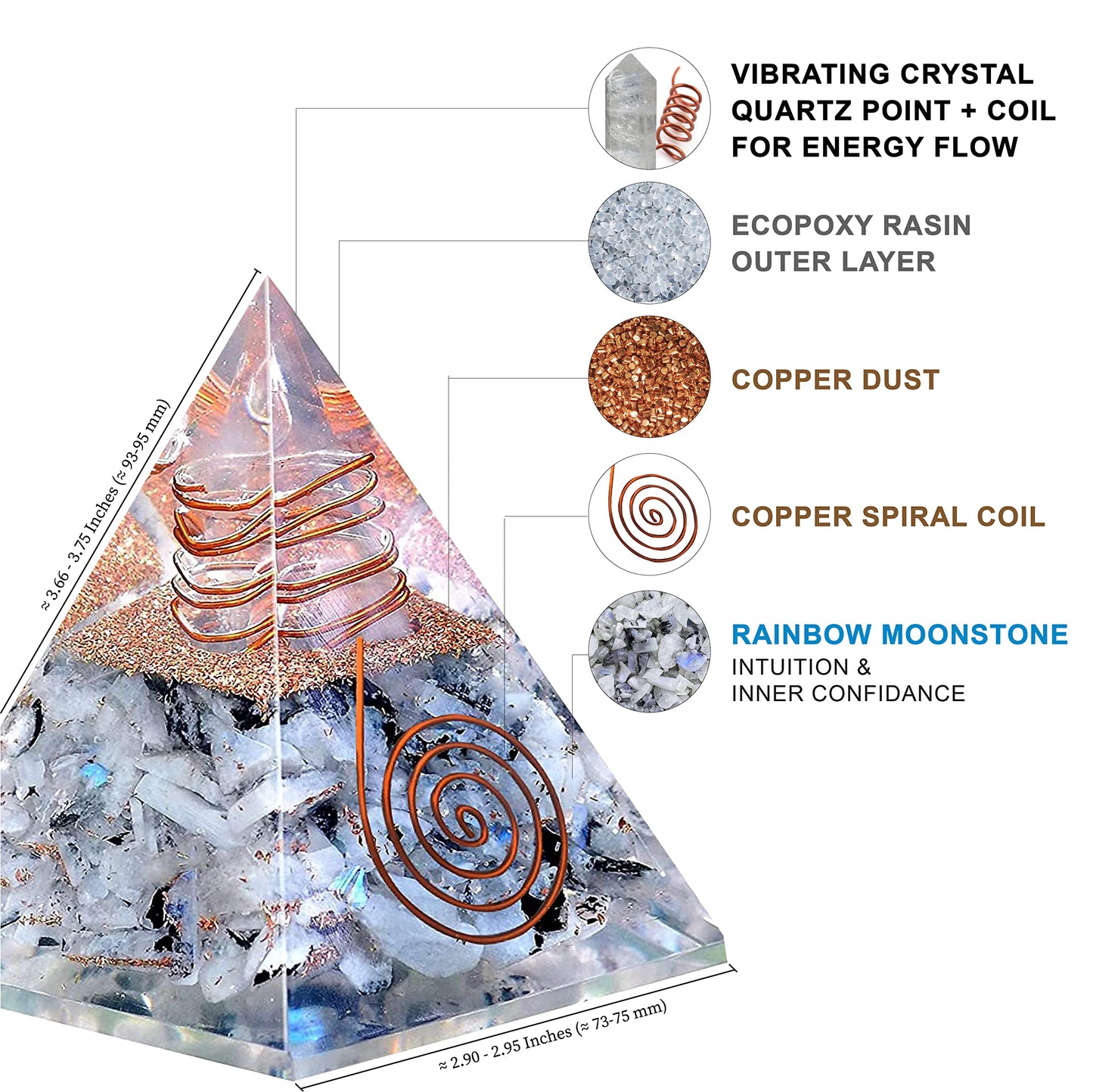Rainbow Moonstone Orgonite Pyramid for Joy, Intuition and Spiritual Awareness | Orgonite Orgone Crystal pyramid with Copper Coil and Crystal Quartz for Chakra Protection (Rainbow Moonstone)