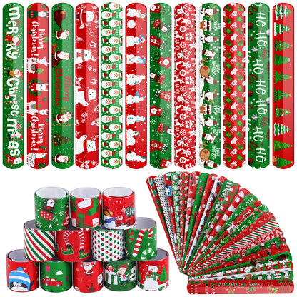 Durony 48 Pieces Christmas Slap Bracelets Xmas Slap Wristbands Bulk Assorted Christmas Theme Pattern for Party Favors Gift Bag Fillers