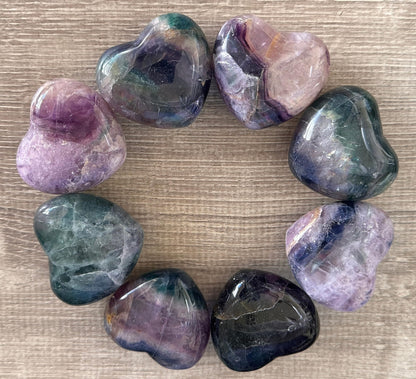 GAF TREASURES Rainbow Fluorite Gemstone Hearts, Polished Rainbow Fluorite Puffy Hearts, Rainbow Fluorite Crystal Palm Stone, Rainbow Fluorite Healing Crystal Hearts (1 Heart)