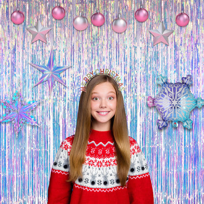 Iridescent Party Streamers Backdrop - GREATRIL Neon Transparent Holographic Tinsel Foil Fringe Curtain for Mermaid/Frozen/Sea/Euphoria/ERAS Party Theme Decorations 3.2ft x 6.5ft 2 PCS