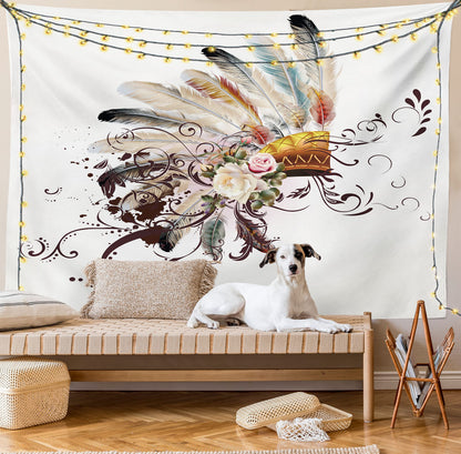 Ambesonne Feather Tapestry, Floral Arrangements Head Wear Flowers Swirls Shapes, Wide Wall Hanging for Bedroom Living Room Dorm, 60" X 40", Cream Ivory
