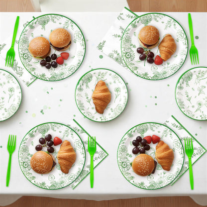 G1ngtar 96Pcs Sage Green Floral Party Plates Supplies Green Toile Chinoiserie Flower Tableware Decorations Disposable Paper Plates Napkins Forks for Birthday Spring Summer Party Wedding, Serves 24