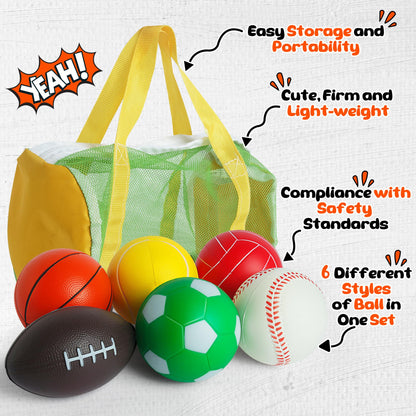 Billeeit Mini Sports Balls Set for Toddler 1-3, Sports Bag for Kids, Include 1 Each of 3.5" Foam Soccer, Tennis Ball, Basketball, Football, Baseball, Volleyball, Fun Baby Ball Toys, Set of 6