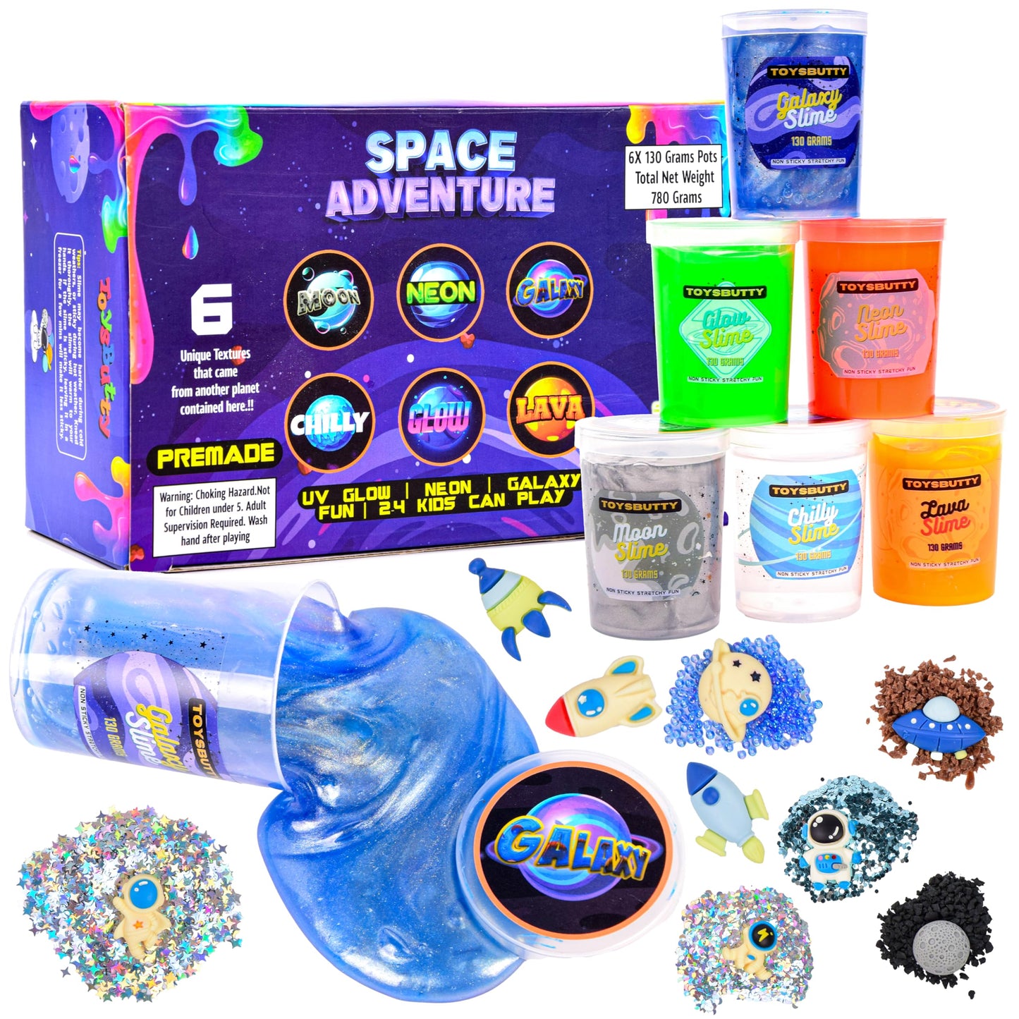FINOCLAY Galaxy Slime Kit for Kids, 6 Pack Different Scented Strechy Metallic Slime with 15 Space Charms and Mixins, Glow Neon & Clear Putty Toy Set for Girls Boys, Space Adventure Party Toy