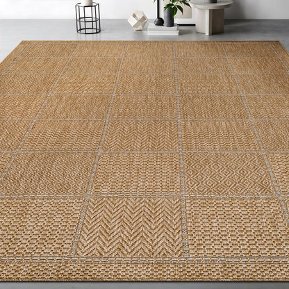 Beverly Rug Easy Jute Checkered Squared Rug 9x12 Washable Large Indoor Outdoor Area Rugs for Living Dining Room Patio Office Stain Resistant Non Shedding Casual Indoor Outside Carpet 9 x 12 Natural