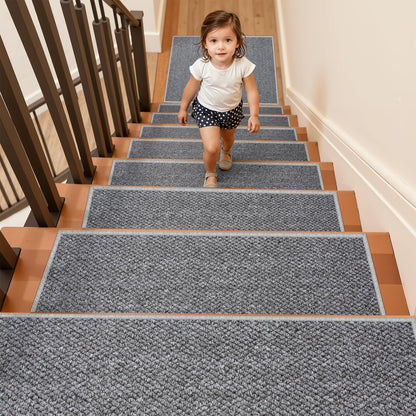 Carpet Stair Treads Non Slip - 4 Pack 8" x 30" Peel and Stick Stairs Tread for Wooden Steps Washable Stair Runners Rug Stain Resistant Edging Staircase Mat for Kids and Dogs(4pc, Grey)