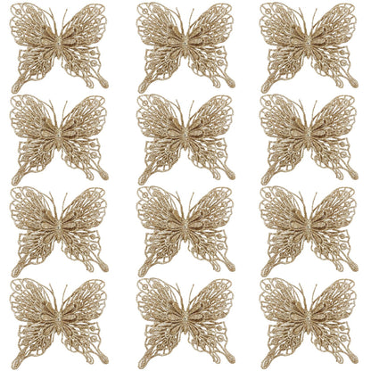 Butterfly Decorations Champagne Gold Glitter Christmas Tree Butterfly Ornaments Artificial Butterflies with Clip & Stem for Xmas Party Wreath Garland Decor - 12-Pack 5inch 3D Hollow Butterflies