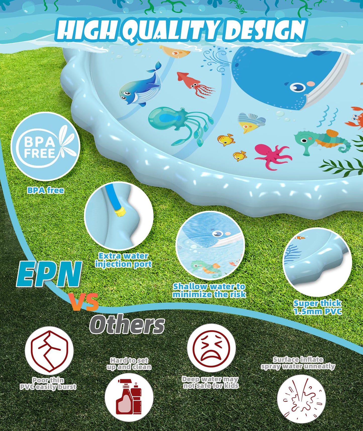 EPN Splash Pad, Extra Large Sprinkler Play Mat Fun for Kids, Thicker Summer Outdoor Water Toys Toddler Pool for 3-12 Years Old Children Boys & Girls (102.3")