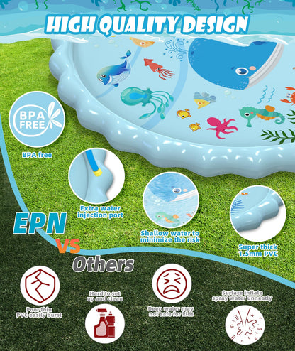 EPN Splash Pad, Extra Large Sprinkler Play Mat Fun for Kids, Thicker Summer Outdoor Water Toys Toddler Pool for 3-12 Years Old Children Boys & Girls (102.3")