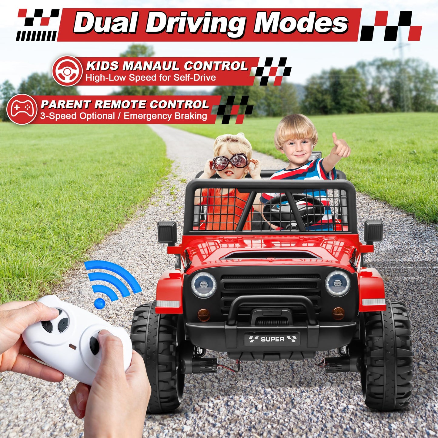 24V XL Ride on Car with Remote Control, JOYRACER 2 Seater 4WD/2WD Switchable Electric Car for Kids w/20 Inch Wide Seat, Gift Flower, 4X200W Power Car Wheels 24 Volt Big Truck for Boys Girls, Red
