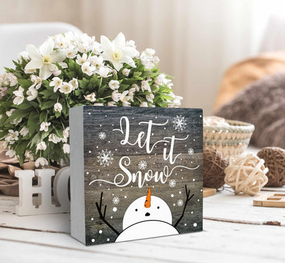 SRADMO Let It Snow Christmas Wooden Sign Desk Decor, Snowman Christmas Decor, Rustic Winter Snowflake Wood Block Signs for Home Office Xmas Party Holiday Desk Table Shelf Decorations, 5x5 Inches