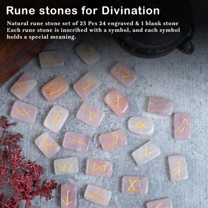Crocon Rose Quartz Rectangle Shape Gemstone Runes with Elder Futhark Alphabet Engraved |25 pcs Rune Set | Crystal Divination Metaphysical Healing Chakra Reiki Runes Set |with a Pouch| Size : 20-25mm