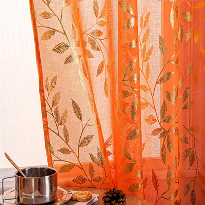 Deeprove Orange Burnt Sheer Curtains 84 inches Long 2 Panels for Bedroom Living Room, Abstract Metallic Gold Foil Vine Leaves Print Window Treatments Pair Set for Fall Halloween Decor, W52 x L84
