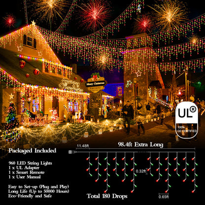 98FT 960 LED Christmas Lights , Waterproof 8 Modes Ice Lights for Outside with Memory and Timer Hanging Fairy Lights Plug-in Curtain String Lights for Holiday Party Wedding Home (Red and Green)