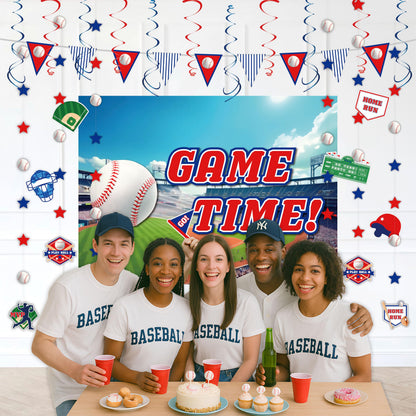 HonuGoGo Baseball Party Decorations, 33PCS Set with Game Time Backdrop, Paper Banners, Hanging Swirls and Cutouts, Red Blue White Baseball Themed Decor for Sport Events and Birthday Celebrations