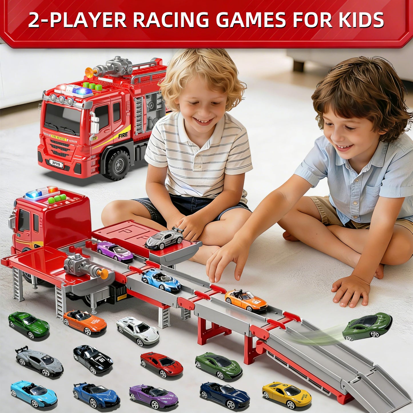3in1 Fire Truck Toy with Foldable Race Track & 12 Diecast Race Cars Toys, Fire Trucks for Toddlers 3-5 with Lights & Sounds, Carrier Truck Car Kids Toy Gift for Age 3 4 5 6+ Year Old Boys Girls