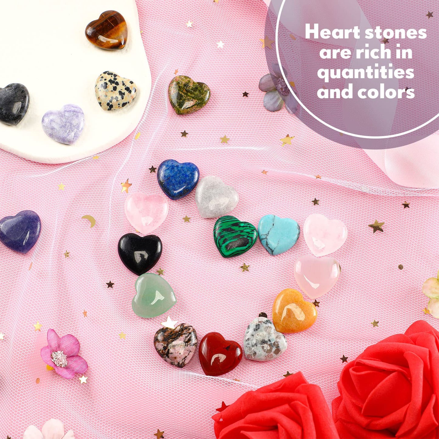 Nuenen 72 Pcs Natural Heart Shaped Crystal Stone 0.8 Inch Worry Stone Bulk Heart Palm Pocket Healing Carved Love Mini Gemstone Decor for Valentines Witchcraft Meditation