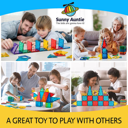 SUNNY AUNTIE Magnetic Tiles 125 PCS XL Set with Storage Bag – Magnetic Building Tiles for Kids Ages 3-8, STEM Magnet Construction Toy for Boys & Girls