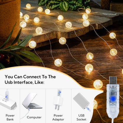 BEEWIN Globe String Lights,10FT 30 LED Decorative Christmas Lights,8 Modes Crystal Crackle Ball Lights,USB Twinkle Fairy Lights for Bedroom,Indoor,Outdoor,Classroom,Wedding,Party,Garden,Warm White