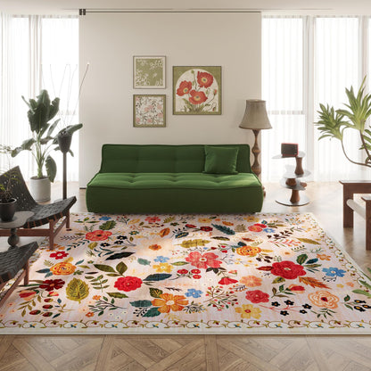 Rugcomf Area Rugs 9x12 Living Room Clearance Washable Boho Rug Non Slip Floral Vintage Low Pile Large Rug for Living Room, Bedroom, Farmhouse, Dining Room, Kids Playroom(Beige)