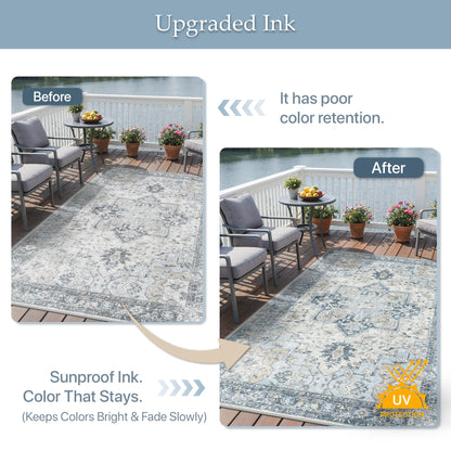 GENIMO Outdoor & Indoor Area Rug 8'x10', Waterproof, Non-Shedding, Easy Cleaning, Boho Mat for Patio, Living Room, Balcony, Dining Room, RV, Deck, Bedroom, Camping, Outside Carpet,Blue