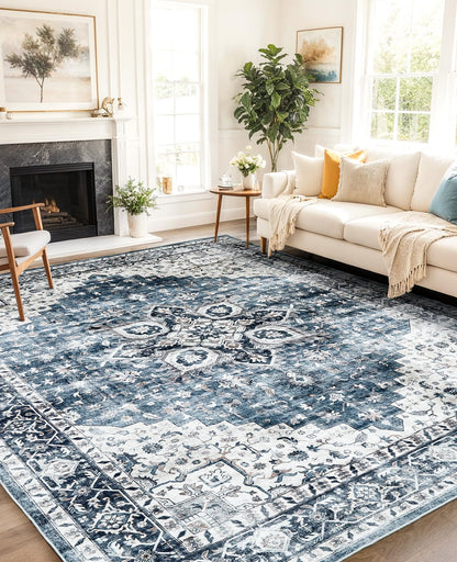 AMADA HOMEFURNISHING 8x10 Washable Area Rug, Low-Profile with Non-Slip Backing & Durable Edge Binding, Vintage Large Rugs for Living Room, Bedroom, Dining Room, Blue
