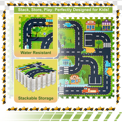 Sorbus Foam Playmat for Kids - Traffic Play Mat for Babies - Interlocking Floor Mats City Road Design - Track Play Rug for Children - Educational Playmat Rug Squares for Toy Cars & Trucks (12 Tiles)