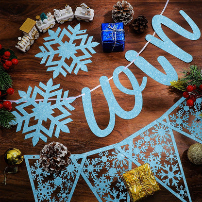 Gersoniel 3 Pack Winter Snowflake Wonderland Banner Snowflake Garland Christmas Hanging Decorations for Winter Christmas New Year Wonderland Party Supplies Home Mantle Office Decorations(Blue, Silver)