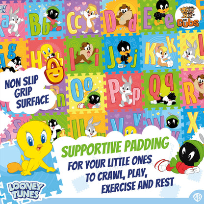 Looney Tunes ABC, Numbers & Shapes EVA Foam Puzzle Mat Non-Toxic Play Mat for Tummy Time, Kids Preschool & Nursery - 36 Tiles, 12x12”, 24 Borders - Educational Playmat for Toddlers & Children, KC Cubs