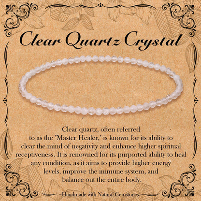 BONNY BOXX Natural Genuine Gemstone Faceted Round Beads Bracelets, 3mm Adjustable Stretchy Tiny Faceted Clear Quartz Crystal Bracelet, Healing Crystal Reiki Chakra Dainty Jewelry Fashion Gifts